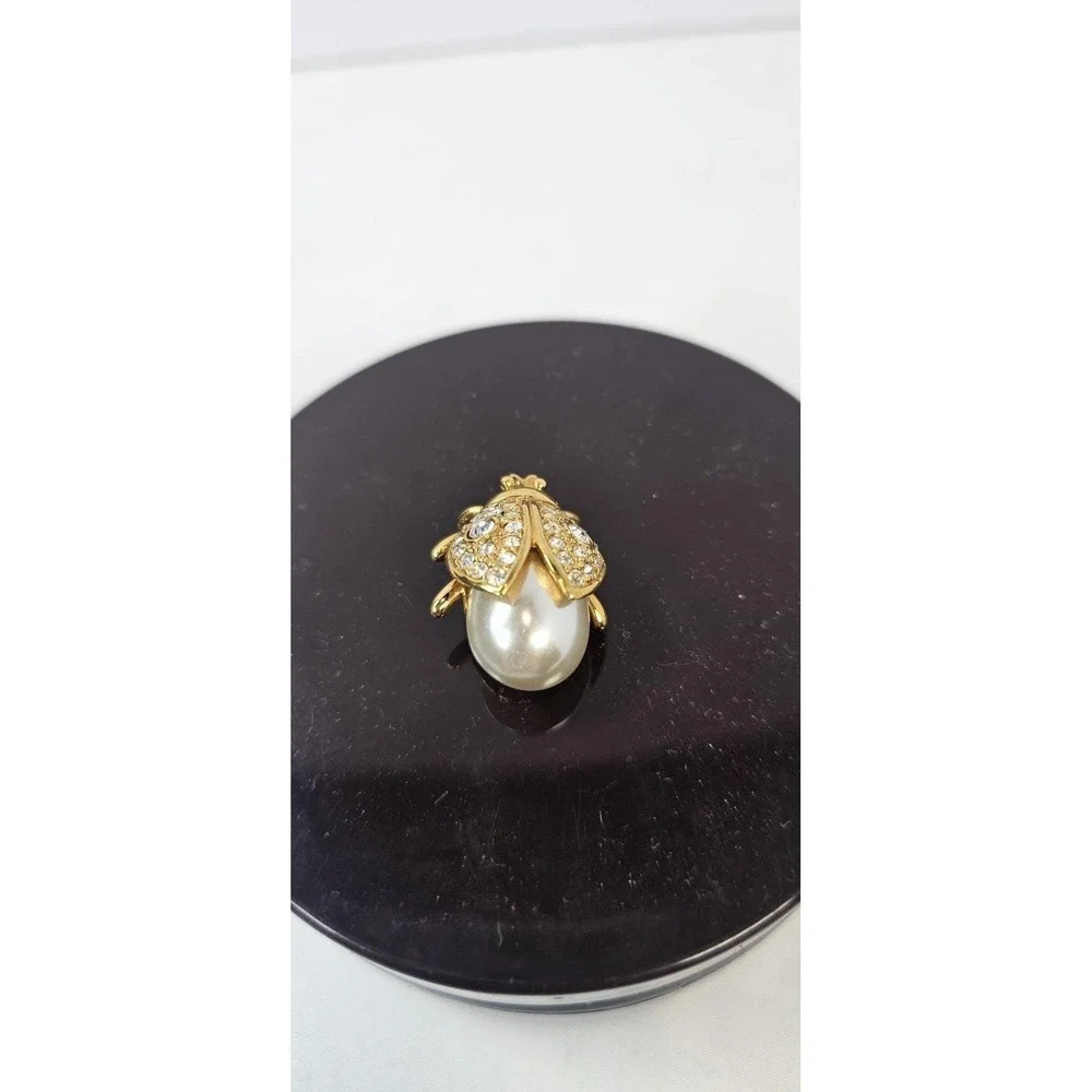 Napier Brooch Pin Ladybug Insect‎ Clear Glass Rhinestones Faux Pearl Body Mini